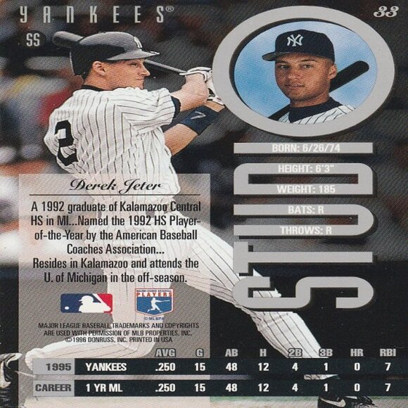 Derek Jeter - 1996 Donruss Leaf Studio Series Card - Card Number 33 - Picture 2 of 2